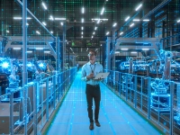 Ingenieur mit Laptop aktiviert die Digitalisierung der autonomen Fabrik. Die Visualisierung zeigt Roboterarme, Fließband, digitale Zwillinge mit Datenlinien, Computer Vision Transformation Fertigungstechnologie. 